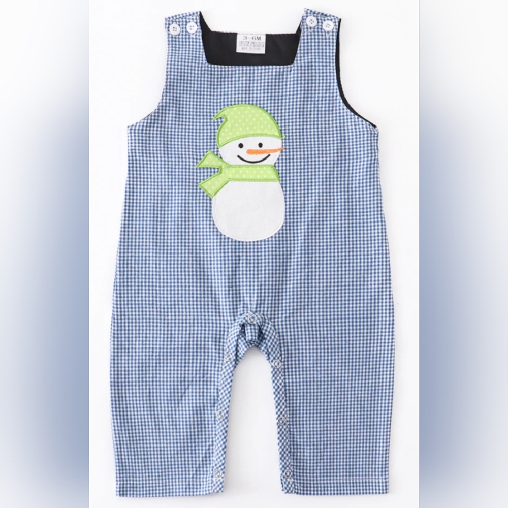Baby Blue and White Plaid Snowman Applique One-Piece NWOT